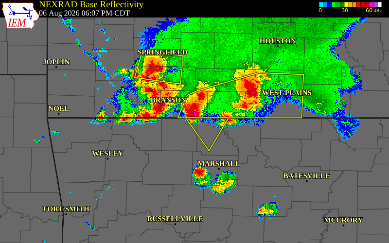 NEXRAD radar during the Thursday, August 6, 2026 storm activity in Boone County, Arkansas