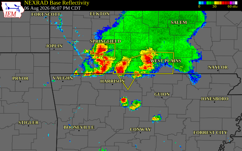 Radar snapshot during the Aug 6, 2026 wind event near Diamond City, Boone County, Arkansas, with NWS warning polygons