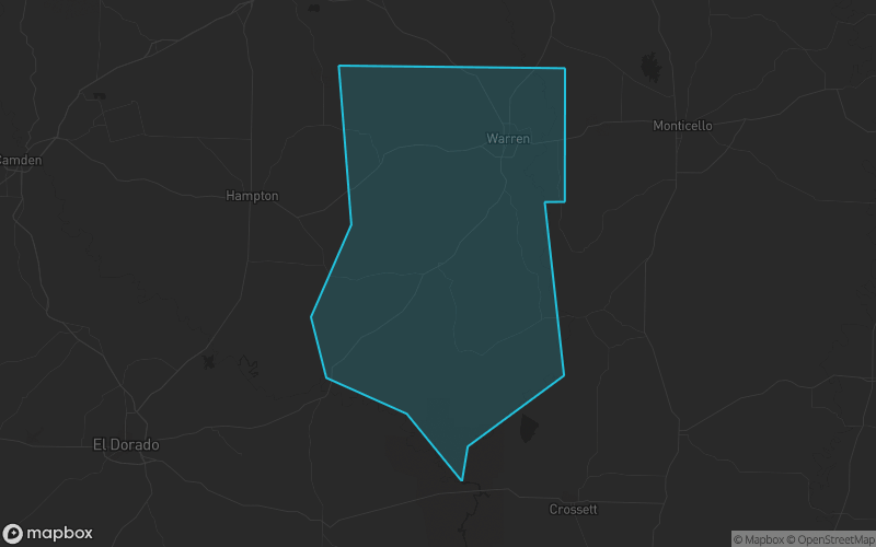 Map of Bradley County, Arkansas showing the county boundary and surrounding cities