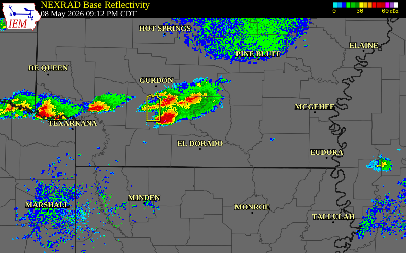 NEXRAD radar during the Friday, May 8, 2026 storm activity in Bradley County, Arkansas