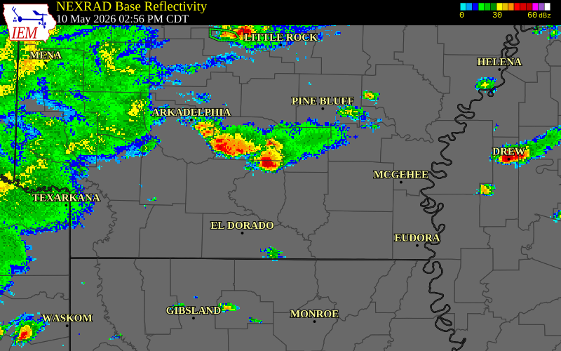 NEXRAD radar during the Sunday, May 10, 2026 storm activity in Bradley County, Arkansas