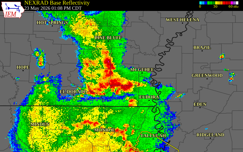 NEXRAD radar during the Saturday, May 23, 2026 storm activity in Bradley County, Arkansas