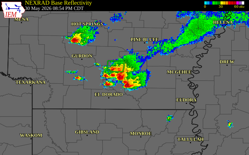 NEXRAD radar during the Saturday, May 30, 2026 storm activity in Bradley County, Arkansas
