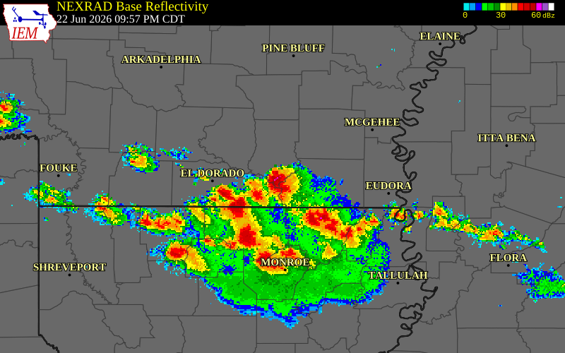 NEXRAD radar during the Monday, June 22, 2026 storm activity in Bradley County, Arkansas