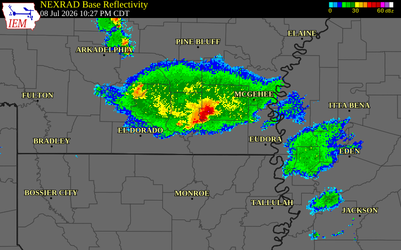 NEXRAD radar during the Wednesday, July 8, 2026 storm activity in Bradley County, Arkansas