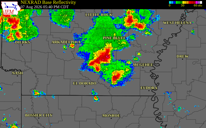 NEXRAD radar during the Friday, August 7, 2026 storm activity in Bradley County, Arkansas