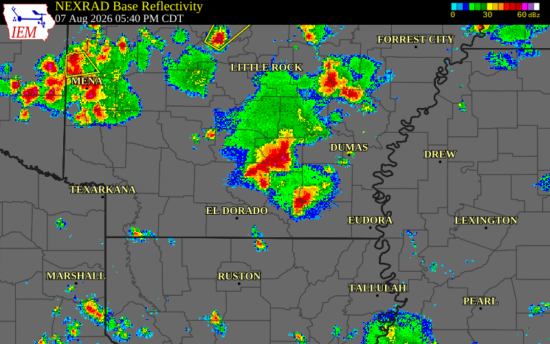 Radar snapshot during the Aug 7, 2026 hail event near Bradley County, Bradley County, Arkansas, with NWS warning polygons