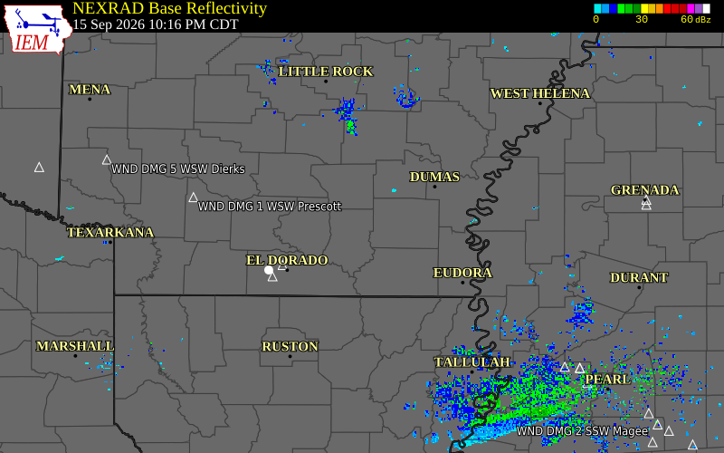 Current NEXRAD radar over Bradley County, Arkansas with recent storm report locations