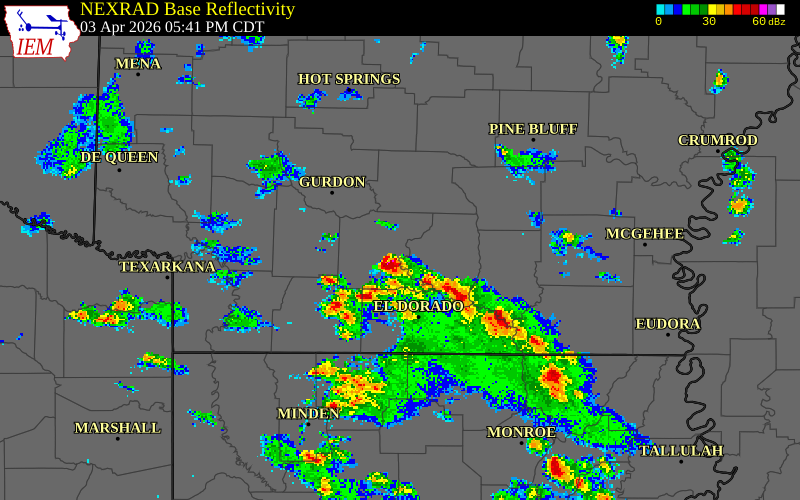 NEXRAD radar during the Friday, April 3, 2026 storm activity in Calhoun County, Arkansas