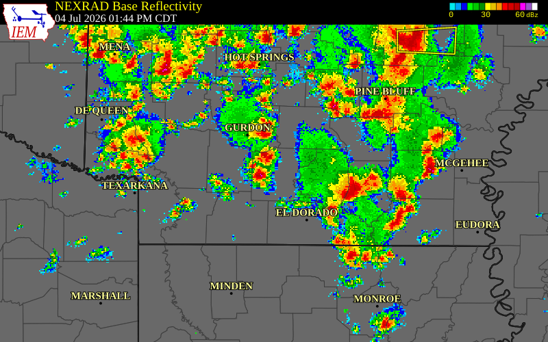 NEXRAD radar during the Saturday, July 4, 2026 storm activity in Calhoun County, Arkansas