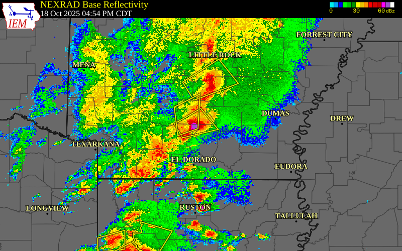 Radar snapshot during the Oct 18, 2025 hail event near Hopeville, Calhoun County, Arkansas, with NWS warning polygons