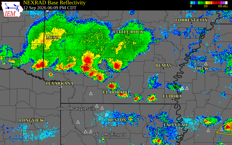 Current NEXRAD radar over Calhoun County, Arkansas with recent storm report locations
