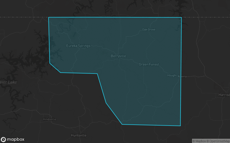 Map of Carroll County, Arkansas showing the county boundary and surrounding cities