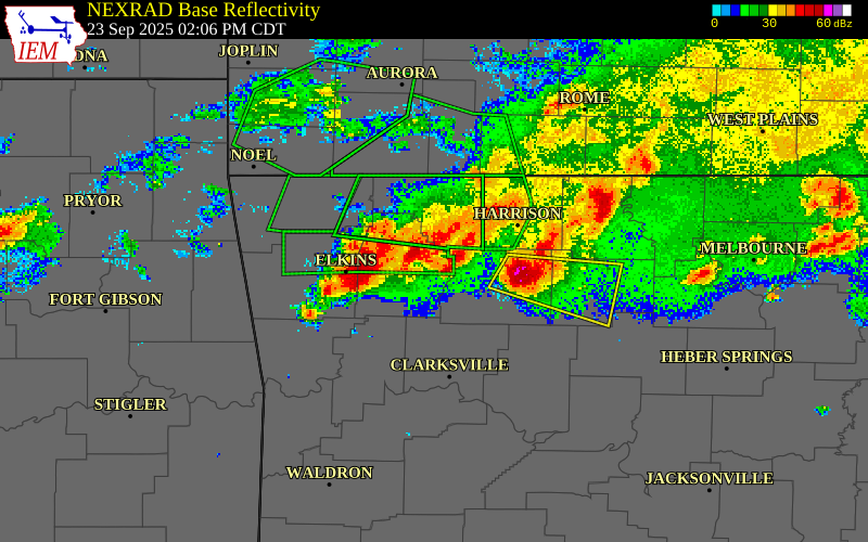 NEXRAD radar during the Tuesday, September 23, 2025 storm activity in Carroll County, Arkansas