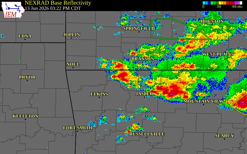 NEXRAD radar during the Saturday, June 13, 2026 storm activity in Carroll County, Arkansas