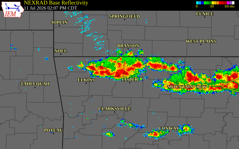 NEXRAD radar during the Saturday, July 11, 2026 storm activity in Carroll County, Arkansas