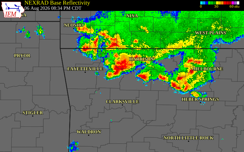NEXRAD radar during the Thursday, August 6, 2026 storm activity in Carroll County, Arkansas