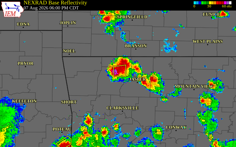 NEXRAD radar during the Friday, August 7, 2026 storm activity in Carroll County, Arkansas