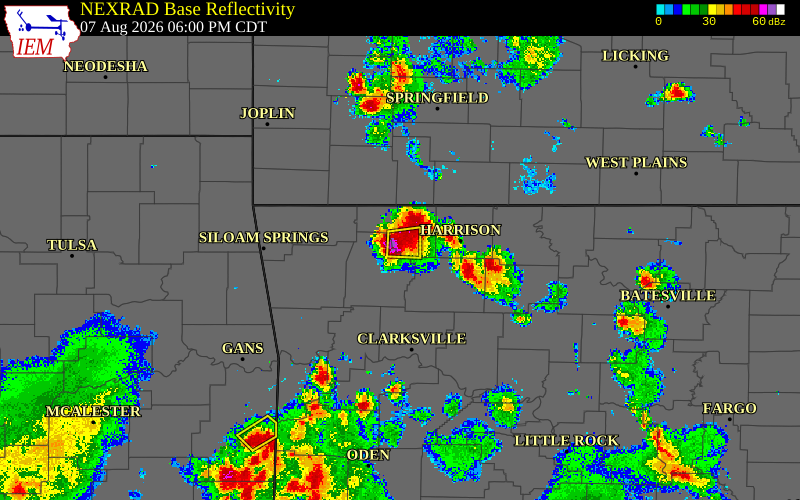 Radar snapshot during the Aug 7, 2026 hail event near 3 NNE Marble, Carroll County, Arkansas, with NWS warning polygons