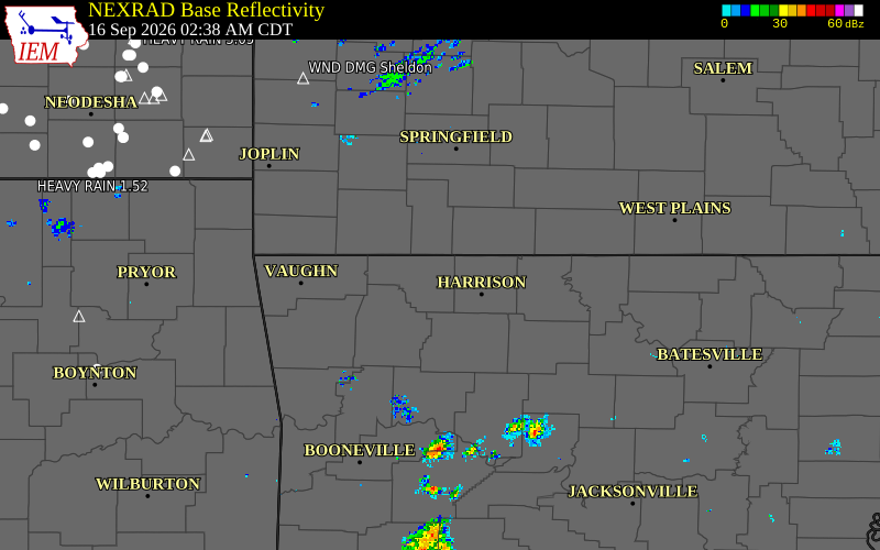 Current NEXRAD radar over Carroll County, Arkansas with recent storm report locations