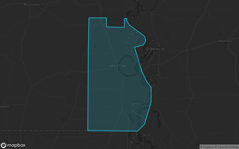 Map of Chicot County, Arkansas showing the county boundary and surrounding cities