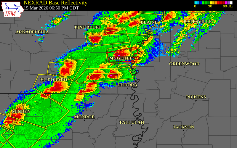 NEXRAD radar during the Sunday, March 15, 2026 storm activity in Chicot County, Arkansas