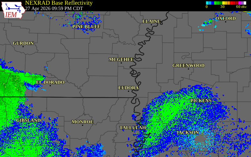 NEXRAD radar during the Monday, April 27, 2026 storm activity in Chicot County, Arkansas