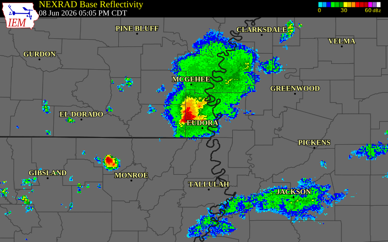 NEXRAD radar during the Monday, June 8, 2026 storm activity in Chicot County, Arkansas