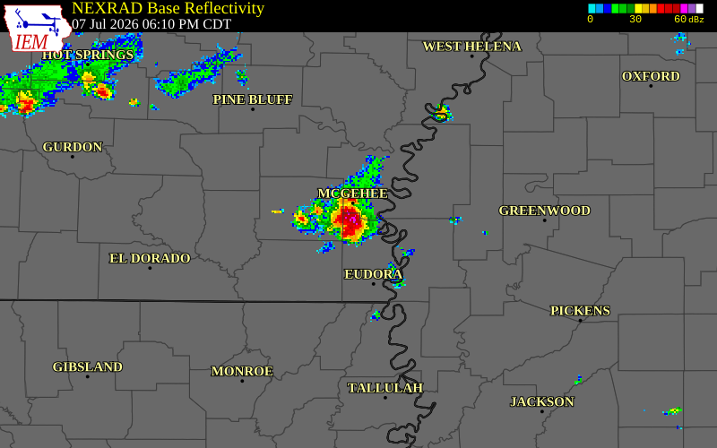 NEXRAD radar during the Tuesday, July 7, 2026 storm activity in Chicot County, Arkansas