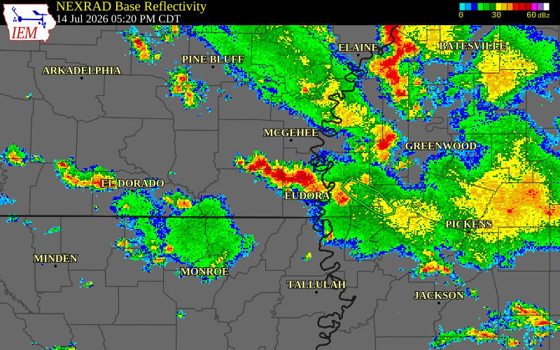NEXRAD radar during the Tuesday, July 14, 2026 storm activity in Chicot County, Arkansas