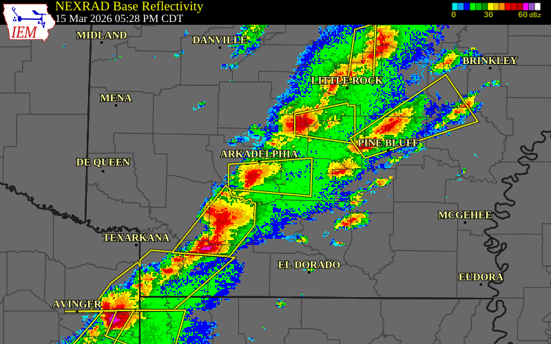 NEXRAD radar during the Sunday, March 15, 2026 storm activity in Clark County, Arkansas