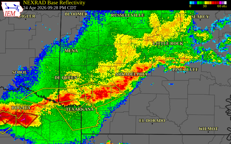 NEXRAD radar during the Friday, April 24, 2026 storm activity in Clark County, Arkansas