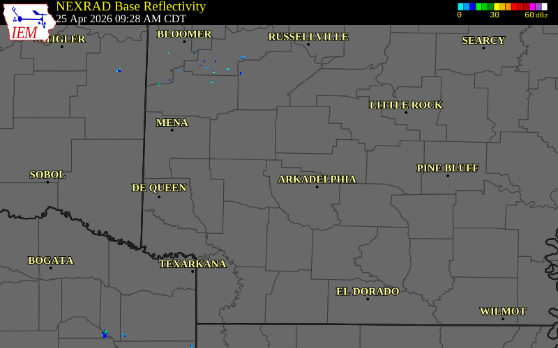 NEXRAD radar during the Saturday, April 25, 2026 storm activity in Clark County, Arkansas