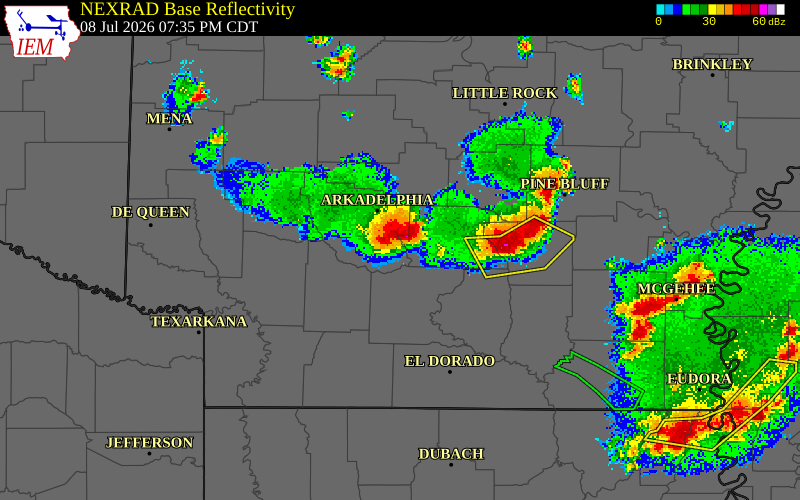 NEXRAD radar during the Wednesday, July 8, 2026 storm activity in Clark County, Arkansas