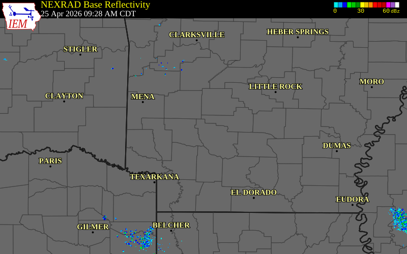Radar snapshot during the Apr 25, 2026 hail event near Alpine, Clark County, Arkansas, with NWS warning polygons