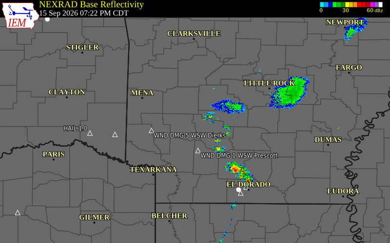 Current NEXRAD radar over Clark County, Arkansas with recent storm report locations
