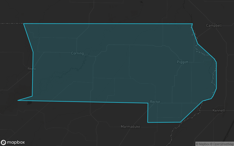 Map of Clay County, Arkansas showing the county boundary and surrounding cities