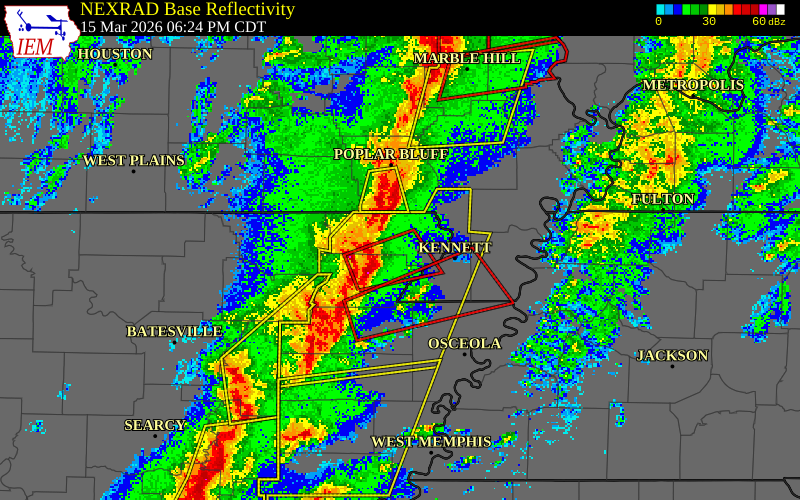 NEXRAD radar during the Sunday, March 15, 2026 storm activity in Clay County, Arkansas