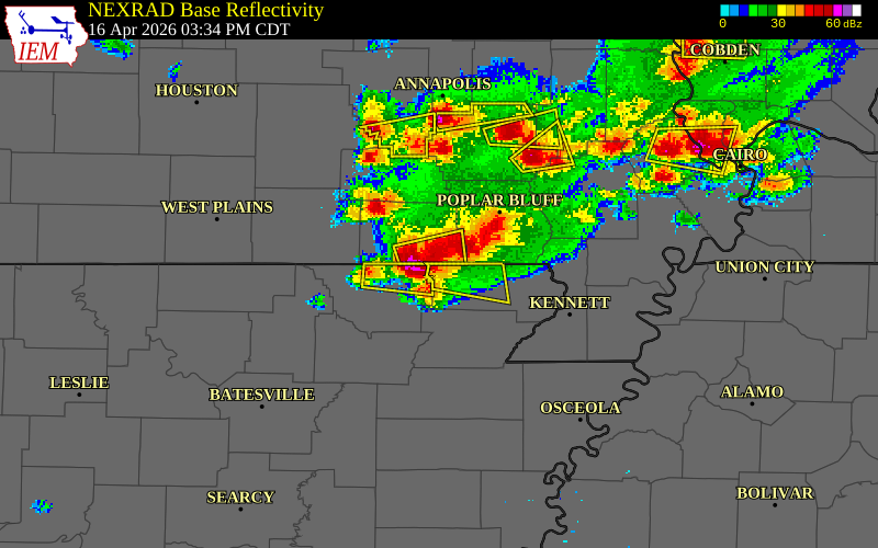 NEXRAD radar during the Thursday, April 16, 2026 storm activity in Clay County, Arkansas