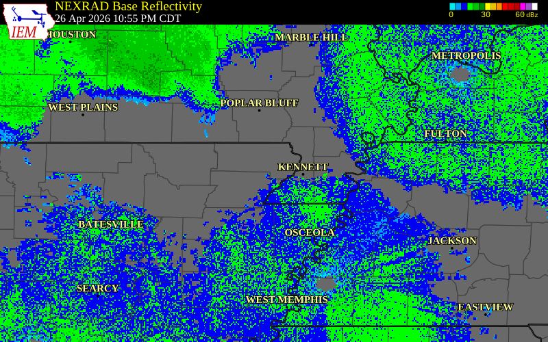 NEXRAD radar during the Sunday, April 26, 2026 storm activity in Clay County, Arkansas