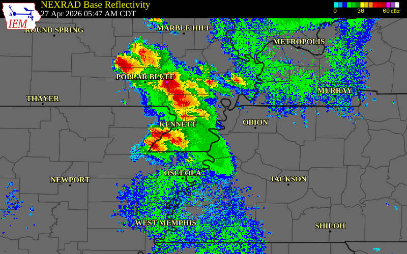 NEXRAD radar during the Monday, April 27, 2026 storm activity in Clay County, Arkansas