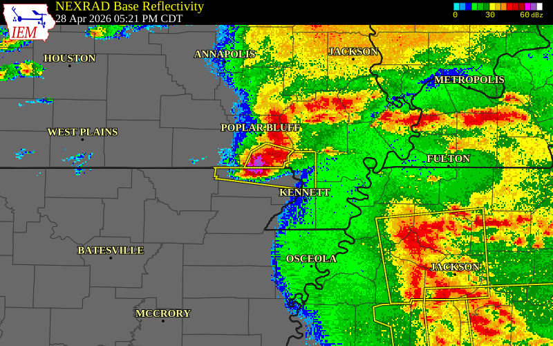 NEXRAD radar during the Tuesday, April 28, 2026 storm activity in Clay County, Arkansas