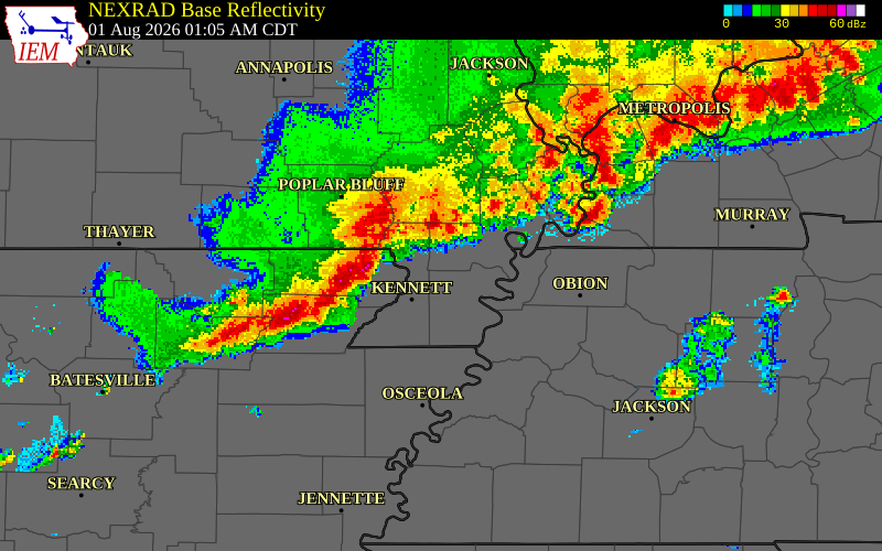 NEXRAD radar during the Saturday, August 1, 2026 storm activity in Clay County, Arkansas