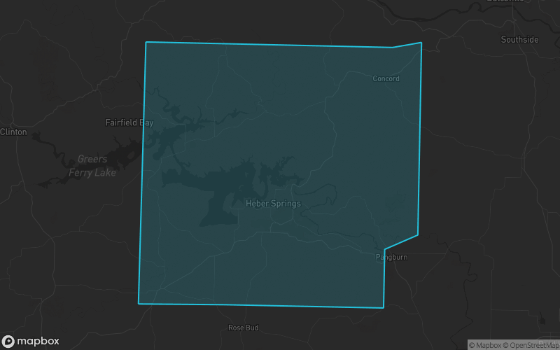 Map of Cleburne County, Arkansas showing the county boundary and surrounding cities