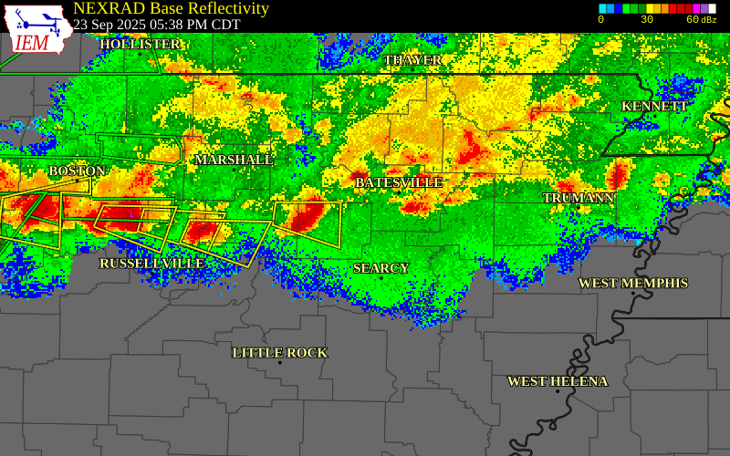 NEXRAD radar during the Tuesday, September 23, 2025 storm activity in Cleburne County, Arkansas