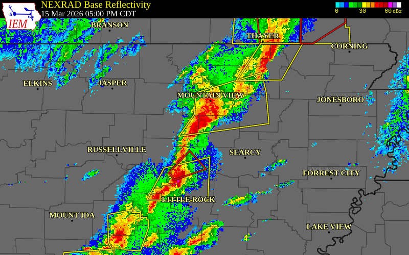 NEXRAD radar during the Sunday, March 15, 2026 storm activity in Cleburne County, Arkansas