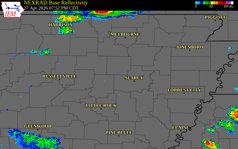 NEXRAD radar during the Monday, April 27, 2026 storm activity in Cleburne County, Arkansas