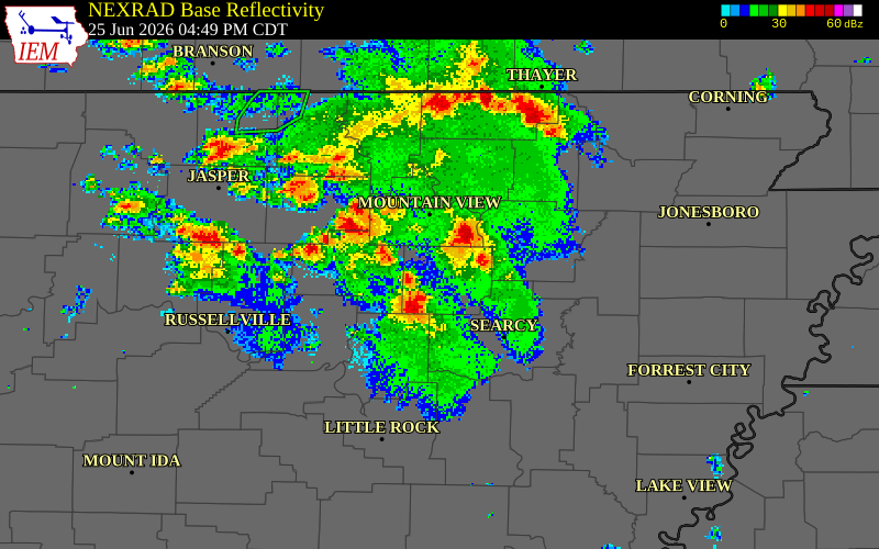 NEXRAD radar during the Thursday, June 25, 2026 storm activity in Cleburne County, Arkansas