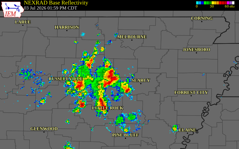 NEXRAD radar during the Friday, July 3, 2026 storm activity in Cleburne County, Arkansas