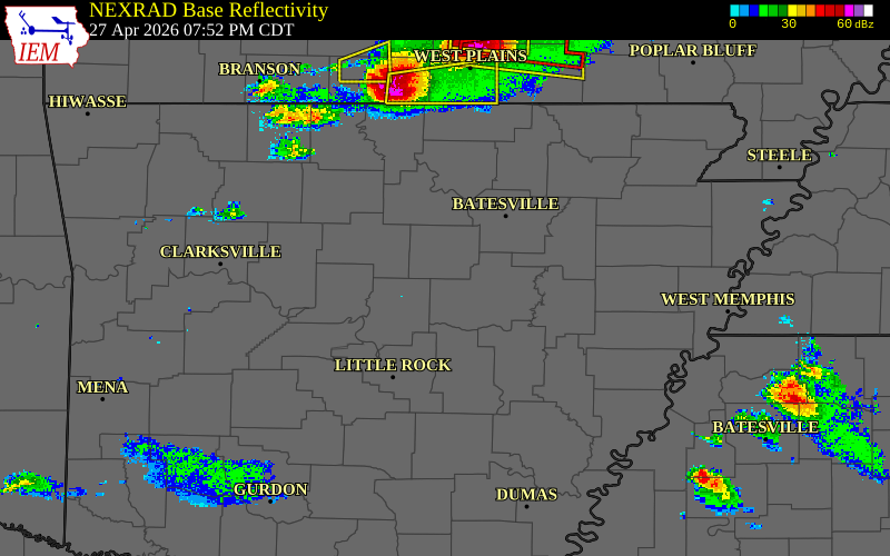 Radar snapshot during the Apr 27, 2026 tornado event near 3 SE Hopewell, Cleburne County, Arkansas, with NWS warning polygons